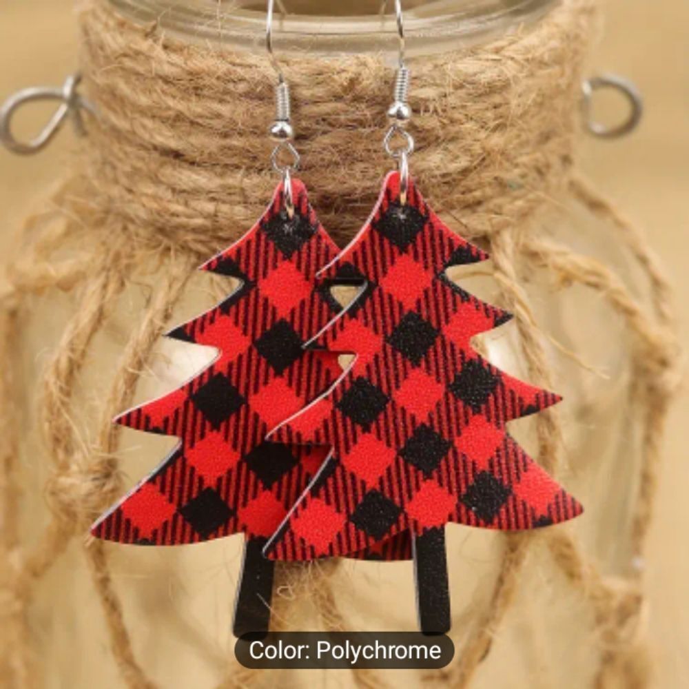 Earrings Christmas trees plaid dangle faux‎ leather new e66